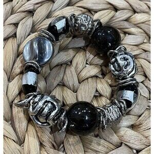 Metallic Foil & Glass Bead Bracelet Stretchy Cha Cha Beads Silver Tone Black